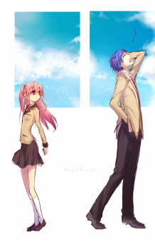 Rule 34 | 1boy, 1girl, alternate costume, angel beats!, back-to-back, blazer, blue hair, brown jacket, brown shoes, brown skirt, closed eyes, commentary request, height difference, hetero, highres, hinata hideki, jacket, kimura shiki, long hair, looking at another, looking back, necktie, open mouth, pink hair, red eyes, red necktie, revision, school uniform, shoes, short hair, skirt, socks, standing, two side up, white socks, yui (angel beats!)