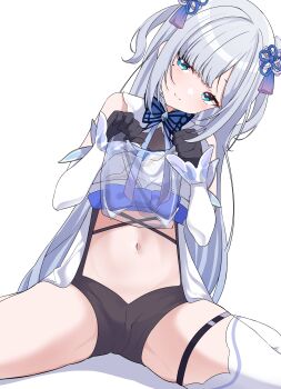Rule 34 | 1girl, absurdres, aqua eyes, asymmetrical bangs, backless dress, backless outfit, bare shoulders, black gloves, black leotard, blue bow, blue bowtie, bow, bowtie, bug, butterfly, butterfly bowtie, butterfly ornament, clothes lift, clothing cutout, collar, commentary request, criss-cross straps, detached sleeves, dress, frilled collar, frilled sleeves, frills, gloves, grey hair, hair ornament, half gloves, halter leotard, halterneck, head tilt, highres, insect, kaga sumire, kaga sumire (8th costume), leotard, lifting own clothes, long hair, midriff, mole, mole under eye, navel, navel cutout, official alternate costume, on floor, panchang knot, ribbon, see-through clothes, short twintails, single thighhigh, sitting, solo, takeyabunora, thighhighs, twintails, virtual youtuber, vspo!, wariza, white background, white thighhighs