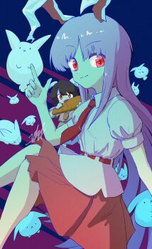 2girls animal_ears brown_hair bunny_day carrot carrot_necklace closed_mouth commentary_request doggo_1d34 dress floppy_ears highres holding holding_carrot inaba_mob_(touhou) inaba_tewi jewelry long_hair looking_at_viewer multiple_girls necklace necktie oversized_food oversized_object pink_dress pink_skirt puffy_short_sleeves puffy_sleeves purple_hair rabbit rabbit_ears rabbit_girl red_eyes red_necktie reisen_udongein_inaba short_sleeves signature skirt smile touhou very_long_hair