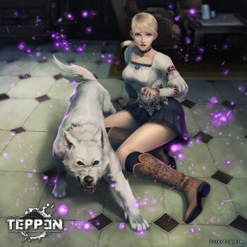 1girl angry blonde_hair blue_eyes capcom chair demento dog fiona_belli hewie highres looking_at_viewer official_art ponytail scared shiyuu_(shiyu) skirt table tail teeth teppen tile_floor tiles tongue