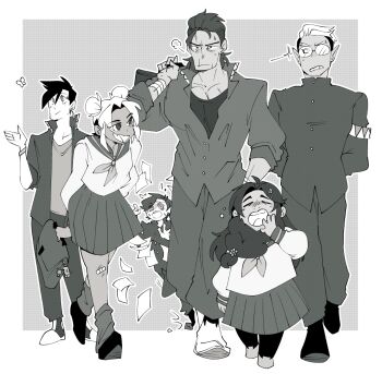 1girl 1other 4boys beard blush double_bun drawfee drawtectives dwarf eugene_finch facial_hair grendan_highforge gyorik_rogdul hair_bun highres karina_farek monster_boy multiple_boys muscular muscular_male orc rose_(drawtectives) scar undercut villainius william_anneus