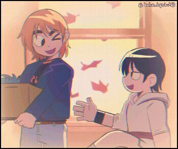 2boys alternate_costume alternate_universe black_eyes black_hair box cameo character_doll commentary cosplay derivative_work doll english_commentary fake_screenshot flashback highres holding holding_box indoors jitome looking_at_another male_focus medium_hair multiple_boys official_style one_eye_closed open_mouth orange_hair personality_switch reverse_au_(scott_pilgrim) roxie_richter roxie_richter_(cosplay) scott_pilgrim scott_pilgrim_(series) scott_pilgrim_takes_off screenshot_redraw short_hair sonic_(series) sonic_the_hedgehog tobi_(bake_dpotat0) wallace_wells window