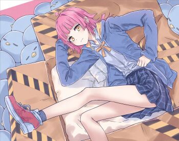 1girl ahoge blue_jacket blue_shirt blue_skirt blue_socks blunt_bangs box cardboard_box closed_mouth commentary_request expressionless foot_out_of_frame hand_on_own_hip highres hood hooded_jacket jacket kishimen_hair leg_up light_frown long_sleeves looking_at_viewer love_live! love_live!_nijigasaki_high_school_idol_club lying miniskirt neck_ribbon nijigasaki_school_uniform on_box on_side open_clothes open_jacket parody_request pink_hair pleated_skirt pose_request red_shoes ribbon school_uniform shirt shoes skirt sleeves_past_wrists sneakers socks solo stuffed_animal stuffed_bird stuffed_toy summer_uniform tennoji_rina yellow_eyes yellow_ribbon yukitake_(bullfalk)
