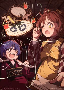 2girls absurdres apron bell book bookshelf bookstore checkered_clothes checkered_kimono fire hair_bell hair_ornament hand_fan hangaku_th highres japanese_clothes kimono motoori_kosuzu multiple_girls one_eye_closed orange_hair paper_fan purple_hair red_kimono shop short_hair size_difference sukuna_shinmyoumaru surprised touhou traditional_youkai tsukumogami upper_body wind yellow_apron