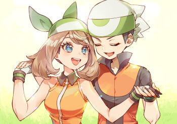 1boy 1girl :d bandana beanie black_hair blue_eyes blush brendan_(pokemon) brendan_(pokemon_emerald) brown_hair closed_eyes commentary_request eyelashes gloves green_bandana hat holding_hands may_(pokemon) may_(pokemon_emerald) nintendo open_mouth pokemon pokemon_emerald pokemon_rse popped_collar sasairebun sleeveless smile teeth tongue white_headwear