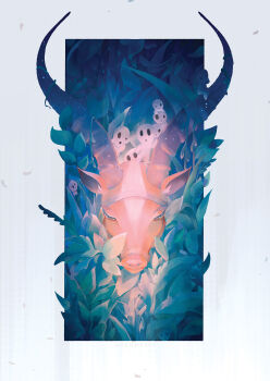 animal_focus antelope antelope_horns artist_name closed_mouth forest gokupo101 highres horns kodama leash mononoke_hime nature no_humans yakul