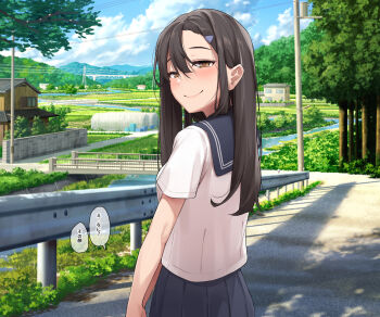 Rule 34 | 1girl, black hair, blue sailor collar, blue skirt, brown eyes, check commentary, closed mouth, commentary request, day, from behind, hair ornament, hairclip, highres, hill, house, long hair, looking at viewer, looking back, original, outdoors, papino, pleated skirt, road, sailor collar, school uniform, serafuku, shirt, short sleeves, skirt, smile, solo, speech bubble, straight hair, translation request, tree, white shirt