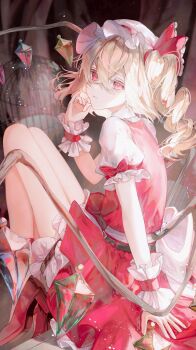 1girl absurdres arm_support back_bow batory_ken belt birdcage black_belt blonde_hair blush bow cage commentary_request crossed_bangs crystal_wings flandre_scarlet frilled_wrist_cuffs frills full_body hair_between_eyes hat hat_ribbon high_heels highres light_particles long_hair looking_at_viewer looking_back mob_cap puffy_short_sleeves puffy_sleeves red_bow red_eyes red_ribbon red_shoes red_skirt red_vest ribbon shoes short_sleeves side_ponytail sitting skirt sleeve_bow sleeve_ribbon solo touhou vest white_bow white_hat wings wrist_cuffs