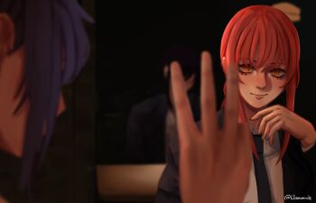 2girls absurdres black_jacket black_necktie blue_hair blurry blurry_foreground chainsaw_man closed_mouth commentary english_commentary highres inglourious_basterds jacket l1amanade makima_(chainsaw_man) multiple_girls necktie orange_eyes red_hair reze_(chainsaw_man) ringed_eyes scene_reference suit_jacket w