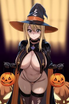 1girl alternate_costume black_choker black_gloves black_hat black_shrug black_thighhighs blonde_hair blurry blurry_background breast_curtains breasts brown_eyes choker depth_of_field fairy_tail gloves halloween halloween_bucket hat highres huge_breasts jack-o&#039;-lantern looking_at_viewer lucy_heartfilia navel panties shrug_(clothing) solo the_amazing_gambit thighhighs torn_clothes torn_thighhighs underwear witch_hat