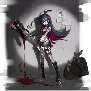 1girl absurdres belt black_hair black_shorts boots bracelet collar commentary crop_top electric_guitar fishnet_thighhighs fishnets food garter_straps goth_fashion guitar highres holding holding_instrument instrument jewelry long_hair midriff mika_030 multicolored_hair original piercing pink_hair platform_boots punk short_shorts shorts solo spiked_boots spiked_bracelet spiked_collar spikes studded_belt tattoo thighhighs tongue_piercing trash_bag