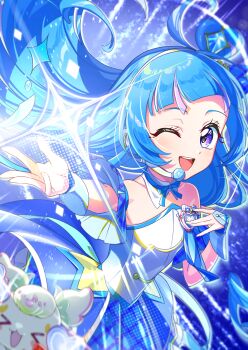 Rule 34 | 1girl, aokaze nana, bare shoulders, blue dress, blue gem, blue hair, blue ribbon, blue theme, blue wrist cuffs, choker, collar, collarbone, commentary, cure wink, detached collar, dress, english commentary, flat chest, floating hair, gem, gem hair ornament, hair ribbon, hairband, hand on own chest, headset, heart, heart-shaped hair, highres, idol heart brooch (precure), idol heart incom, kimi to idol precure, long hair, magical girl, multicolored hair, one eye closed, open mouth, photobomb, plaid ribbon, precure, purirun (fairy) (precure), purirun (precure), purple background, purple eyes, purple hair, ribbon, ribbon choker, rice rabbit22, smile, solo, strapless, strapless dress, streaked hair, teeth, two-tone hair, upper teeth only, very long hair, white collar, white hairband, wrist cuffs