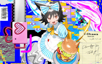 1girl animal_ears barcode black_hair burger cat_ears cheese commentary commission english_commentary food heart highres lettuce maid open_mouth original sesame_seeds signal_1120 skeb_commission solo tomato tomato_slice