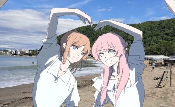 Rule 34 | 2girls, bang dream!, bang dream! it's mygo!!!!!, braid, brown hair, chihaya anon, chinese commentary, commentary request, grey eyes, half up braid, heart arms, heart arms duo, long hair, mrwule, multiple girls, nagasaki soyo, one eye closed, photo background, pink hair, shirt, short sleeves, white shirt