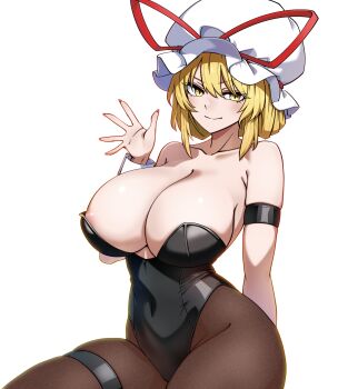 1girl absurdres areola_slip arm_strap black_leotard blonde_hair breasts closed_mouth collarbone commentary covered_navel fingernails hair_bun hand_up hat highres kikoka_(mizuumi) large_breasts leotard long_fingernails long_hair looking_at_viewer mob_cap nail_polish pantyhose playboy_bunny seductive_gaze seductive_smile sidelocks smile solo thigh_strap thighs touhou wrist_cuffs yakumo_yukari yellow_eyes
