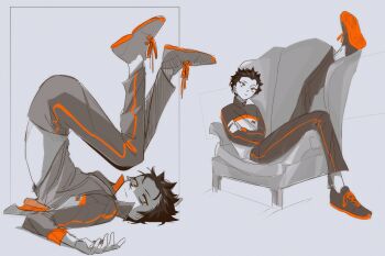 1boy alternate_costume black_hair chair closed_mouth contemporary crossed_arms full_body hair_slicked_back highres jacket legs_up long_sleeves looking_at_viewer lying male_focus monochrome multiple_views natsuki_subaru on_back pants partially_colored re:zero_kara_hajimeru_isekai_seikatsu shoe_soles shoes short_hair simple_background sitting sketch sneakers spot_color track_jacket track_suit upside-down zhulock