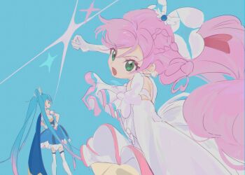 2girls absurdres arm_bow armlet ascot blue_background blue_bow blue_cape blue_corset blue_hair blue_skirt bow braid cape clenched_hand closed_mouth corset cowboy_shot cure_prism cure_sky detached_sleeves diamond_print dress earrings elbow_gloves eyelashes feet_out_of_frame floating_earrings floating_hair frilled_skirt frilled_thighhighs frills from_behind gloves gradient_hair green_eyes hair_between_eyes hair_bow hair_ornament half_up_half_down_braid hands_on_own_hips happy heart heart-shaped_hair highres hirogaru_sky!_precure incoming_attack incoming_punch jewelry large_bow long_hair looking_at_another looking_back magical_girl miniskirt multicolored_hair multiple_girls nijigaoka_mashiro open_mouth pink_hair pleated_skirt precure puffy_short_sleeves puffy_sleeves punching shipu_(gassyumaron) shirt short_dress short_sleeves side_braids side_cape simple_background skirt sleeveless sleeveless_shirt smile sora_harewataru sparkle sphere_earrings streaked_hair striped_clothes striped_skirt stud_earrings swept_bangs tareme thighhighs twintails two-tone_hair v-shaped_eyebrows vertical-striped_clothes vertical-striped_skirt very_long_hair white_ascot white_bow white_dress white_gloves white_shirt white_sleeves white_thighhighs white_wrist_cuffs wing_hair_ornament wrist_cuffs yellow_skirt