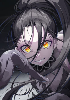 1girl absurdres black_dress black_gloves black_hair clenched_teeth dress gloves hair_between_eyes highres kamisaki_hikaru long_hair looking_at_viewer medalist_(manga) mukunokino_isshiki pointing pointing_at_viewer ponytail smile solo teeth upper_body yellow_eyes