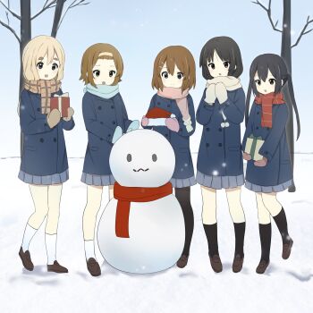 Rule 34 | 5girls, ailian124, akiyama mio, black eyes, black hair, black pantyhose, black socks, blonde hair, blue eyes, bow, box, brown eyes, brown hair, bushy eyebrows, closed mouth, day, forehead, gift, gift box, gloves, hair between eyes, hair ornament, hairclip, hat, headband, hirasawa yui, holding, holding gift, k-on!, kotobuki tsumugi, long hair, looking at viewer, multiple girls, nakano azusa, open mouth, outdoors, pantyhose, pom pom (clothes), red scarf, santa hat, scarf, shoes, short hair, skirt, smile, snow, snowing, snowman, socks, standing, tainaka ritsu, thick eyebrows, tree, twintails, white socks, winter, yellow headband