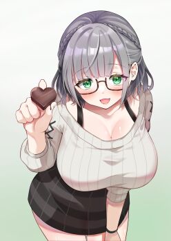 Rule 34 | 1girl, black-framed eyewear, black skirt, blush, braid, breasts, candy, chocolate, chocolate heart, commentary request, cowboy shot, crown braid, food, glasses, gradient background, green background, green eyes, grey hair, grey sweater, heart, heart-shaped food, highres, holding, holding chocolate, holding food, hololive, incoming food, large breasts, leaning forward, looking at viewer, open mouth, shirogane noel, shirogane noel (casual), short hair, skirt, smile, solo, sumida yuuki, sweater, valentine, virtual youtuber, wristband