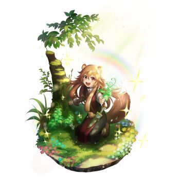 1girl :d animal_ears ankle_boots artist_request black_dress boots brown_boots brown_hair child collar dress eyelashes full_body game_cg grey_dress hair_between_eyes hand_up holding holding_plant kneeling light_particles long_hair long_sleeves looking_at_viewer medium_dress messy_hair metal_collar metal_hair_tubes metal_wrist_cuffs official_art on_grass open_mouth outdoors pink_eyes pinstripe_dress pinstripe_pattern plant raccoon_ears raccoon_girl raccoon_tail raphtalia raphtalia_(young) red_dress short_sleeves simple_background smile solo sparkle sunlight tail tate_no_yuusha_no_nariagari tate_no_yuusha_no_nariagari_rerise teeth tongue transparent_background two-tone_dress upper_teeth_only