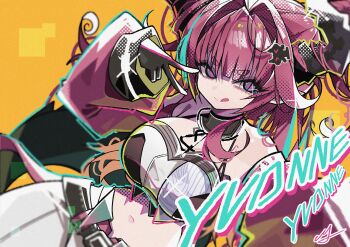 1girl :q arknights arknights:_endfield bare_shoulders belt belt_buckle black_belt black_gloves black_horns blue_streaks breasts buckle character_name cropped_jacket diamond_in_eye dutch_angle film_grain gloves hair_intakes halterneck hashtag-only_commentary heavy_film_grain highres horns huge_breasts long_hair long_sleeves looking_at_viewer marttkim00 midriff multicolored_hair navel off_shoulder pants pink_hair pink_sleeves screentones short_eyebrows solo tongue tongue_out v white_pants wide_sleeves yellow_background yvonne_(arknights)