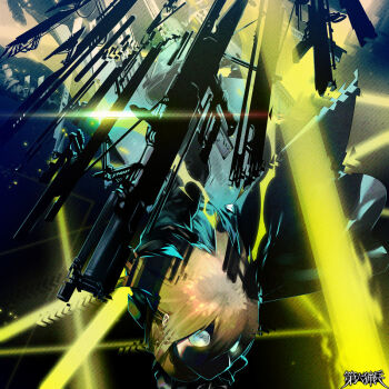 1boy amijotter android brown_hair character_request commentary_request dairoku_ryouhei disembodied_head energy glowing grey_eyes hair_between_eyes machine male_focus science_fiction shaded_face short_hair solo sun_glare translation_request