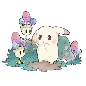 alternate_color alternate_form droopy_ears ears_down gen_1_pokemon gen_7_pokemon grass mjoyart morelull moss mushroom nintendo no_humans parted_lips peakychu pikachu pokemon pokemon_(creature) pokemon_focus pokemon_pokopia rock tail