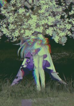 1girl absurdres covered_face cyrene_(honkai:_star_rail) cyrene_(ripples_of_past_reverie)_(honkai:_star_rail) dark_background dress glitch grass highres honkai:_star_rail honkai_(series) horror_(theme) long_hair lower_body night outdoors solo tree user_pfl white_dress