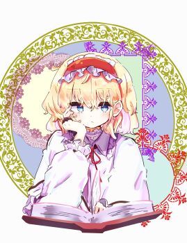 1girl :/ absurdres alice_margatroid blonde_hair blue_eyes blush book bright_pupils capelet commentary frilled_hairband frilled_sleeves frills hairband hand_on_own_cheek hand_on_own_face highres jewelry looking_at_object multiple_rings neck_ribbon orz_torifune puffy_short_sleeves puffy_sleeves reading red_hairband red_ribbon ribbon ring shirt short_hair short_sleeves solo touhou upper_body white_capelet white_pupils white_shirt