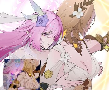 2girls aglaea_(honkai:_star_rail) blonde_hair breasts cleavage commentary cyrene_(honkai:_star_rail) cyrene_(ripples_of_past_reverie)_(honkai:_star_rail) dress flower grabbing_another&#039;s_breast grabbing_from_behind groping hair_flower hair_ornament halo highres honkai:_star_rail honkai_(series) large_breasts laurel_crown lavender77owo long_hair multiple_girls pink_hair pointy_ears purple_eyes reference_inset short_hair symbol-only_commentary very_long_hair white_dress yuri