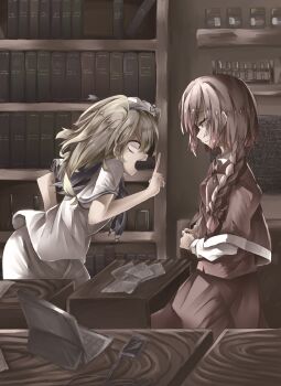 Rule 34 | 2girls, angry, blonde hair, bookshelf, cape, closed mouth, hashtag-only commentary, hat, highres, kitashirakawa chiyuri, long sleeves, looking at another, looking down, math, medium hair, multiple girls, muraryo, okazaki yumemi, open mouth, own hands together, pants, paper, pointing, ponytail, red cape, red eyes, red hair, red skirt, red vest, sailor collar, sailor hat, scolding, shirt, skirt, sleeve cuffs, teeth, touhou, upper teeth only, vest, white pants, white shirt, yellow eyes