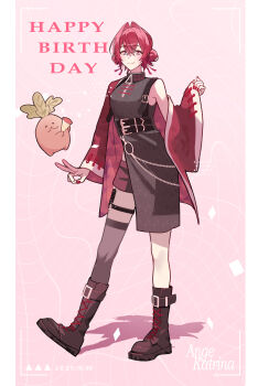 Rule 34 | 1girl, :3, absurdres, ange katrina, ange katrina (china dress), ankle boots, belt, black belt, black boots, black dress, black shorts, blue eyes, blush, boots, breasts, chain, character name, china dress, chinese clothes, closed mouth, commentary request, contrapposto, creature, crossed bangs, dated, double bun, dress, english text, floating, full body, gradient eyes, grey thighhighs, grid background, hair between eyes, hair bun, hair intakes, hair ornament, hand up, happy birthday, highres, holding, holding party popper, huyuya toi, jacket, lace-up boots, long bangs, long sleeves, looking at viewer, mandragora, mandragora (ange katrina), multicolored eyes, multiple belts, nail polish, nijisanji, o-ring, o-ring thigh strap, open clothes, open jacket, pankou, party popper, pink background, pink eyes, red hair, red jacket, red nails, shadow, short dress, shorts, side slit, single bare shoulder, single off shoulder, single thighhigh, sleeveless, sleeveless dress, small breasts, smile, split mouth, standing, tassel, tassel hair ornament, thigh strap, thighhighs, v, virtual youtuber