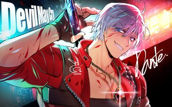 1boy baehee5502 belt belt_bra bishounen black_gloves blue_eyes coat commentary_request dante_(devil_may_cry) devil_may_cry devil_may_cry_(series) devil_may_cry_3 fingerless_gloves gloves hair_over_one_eye highres holding holding_weapon jacket korean_commentary looking_at_viewer male_focus rebellion_(sword) red_coat short_hair simple_background smile solo standing sword weapon white_hair