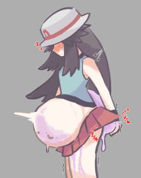 1girl 1other akurier bare_legs bestiality big_belly blue_shirt blush brown_hair closed_mouth covered_eyes cowboy_shot creature_inside ditto dripping facing_to_the_side from_side gen_1_pokemon grey_background hat highres inflation japanese_text leaf_(pokemon) long_hair looking_down nintendo nose_blush open_mouth pleated_skirt pokemon pokemon_(creature) pokemon_frlg red_skirt shirt simple_background size_difference skirt smile sweatdrop trembling white_headwear