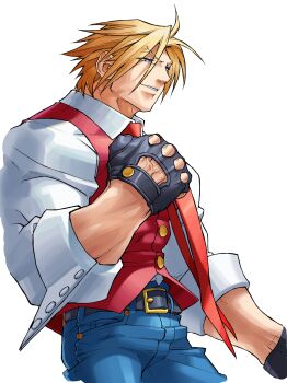 Rule 34 | 1boy, absurdres, belt, black gloves, blonde hair, blue eyes, buttoned cuffs, buttons, clenched hand, cowboy shot, denim, edaki shin'ya, fingerless gloves, fist bump, from side, game cg, gloves, highres, jeans, justice gakuen, male focus, moero! justice gakuen, necktie, non-web source, official art, pants, roy bromwell, short hair, simple background, sleeves rolled up, smile, solo, standing, teeth, veins, veiny hands, vest, waistcoat, white background