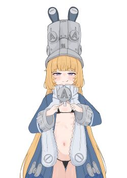1girl absurdres bikini bikini_under_clothes black_bikini blonde_hair blue_jacket blush bra breasts closed_mouth cowboy_shot fang fang_out flat_chest grey_hat hat heartbee highres jacket large_hat lingerie loli long_hair long_sleeves looking_at_viewer micro_bikini navel norma_hollowell open_clothes opening_shirt purple_eyes rabbit_ears ribs shako_cap simple_background small_breasts smile smug solo standing swimsuit thigh_gap underwear very_long_hair white_background zenless_zone_zero zipper