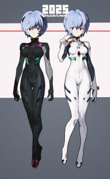 Rule 34 | 1girl, 2025, ayanami rei, black bodysuit, blue hair, bodysuit, border, breasts, closed mouth, floating, full body, grey border, hair between eyes, hand in own hair, headgear, highres, looking at viewer, mecha pilot suit, medium breasts, multiple views, neon genesis evangelion, plugsuit (evangelion), red eyes, sasaki tomomi, short hair, twitter username, white background, white bodysuit