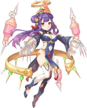 1girl artist_request asymmetrical_legwear bare_hips bare_legs breasts chinese_clothes claws cleavage clothing_cutout double_bun full_body game_cg groin hair_bun hat highres jiangshi_costume legend_clover navel navel_cutout nuwa_(legend_clover) official_alternate_costume official_art ofuda orange_eyes pumpkin purple_hair qingdai_guanmao solo third-party_source transparent_background