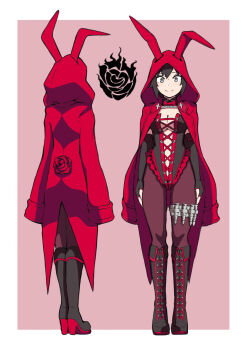 Rule 34 | 1girl, alternate costume, animal ears, black boots, black gloves, black hair, black leotard, boots, border, bow, bowtie, breasts, cleavage, closed mouth, coat, coat on shoulders, coattails, commentary, detached collar, elbow gloves, emblem, facing away, fake animal ears, from behind, full body, full cleavage, gloves, grey eyes, grin, headphones, highres, hood, hooded coat, leotard, light blush, looking at viewer, medium breasts, mori kuro pp, multiple views, outside border, pantyhose, playboy bunny, rabbit ears, red background, red bow, red bowtie, red coat, red pantyhose, ruby rose, rwby, smile, standing, straight-on, tailcoat, thigh strap, turnaround, white border