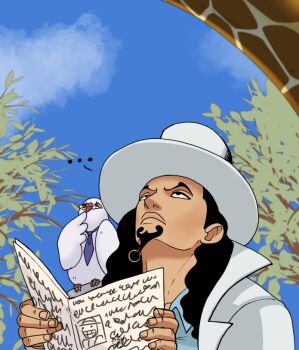 2boys animal animal_on_shoulder bird bird_on_shoulder black_hair blue_shirt commentary dragonasis english_commentary facial_hair giraffe goatee hat hattori_(one_piece) holding kaku_(one_piece) laughing long_hair looking_up multiple_boys necktie one_piece outdoors rob_lucci shirt tears white_hat