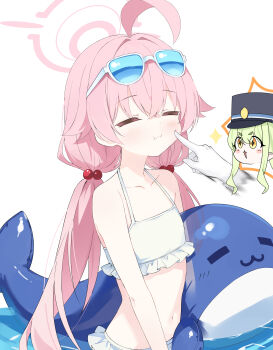 2girls absurdres ahoge bikini blue_archive closed_eyes commentary_request eyewear_on_head flat_chest frilled_bikini frills hair_bobbles hair_ornament halo highres hoshino_(blue_archive) hoshino_(swimsuit)_(blue_archive) lisu long_hair multiple_girls official_alternate_costume pink_hair swimsuit twintails white_bikini