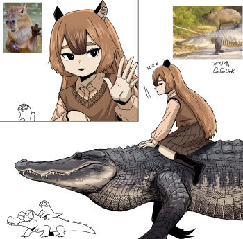 1girl alligator artist_self-insert boots brown_vest capybara capybara_girl collared_shirt creature_and_personification crocodilian gegegekman highres long_hair long_sleeves original personification photo_inset reference_inset riding riding_animal shirt sweater_vest vest zzz