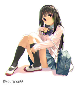 1girl bag black_hair black_socks blue_skirt brown_eyes cardigan cellphone closed_mouth collared_shirt commentary_request full_body hand_up holding holding_phone kneehighs koutaro long_hair long_sleeves looking_at_viewer original phone pleated_skirt school_bag school_uniform shadow shirt shoes sitting skirt sleeves_past_wrists socks solo twitter_username uwabaki very_long_hair white_background white_cardigan white_shirt white_shoes