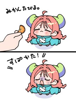 1girl 1other ahoge ako-chan_(notamaru_2) blush_stickers braid chibi chibi_only closed_eyes closed_mouth commentary_request food fruit full_body green_hoodie green_horns hair_intakes holding holding_food hood hood_down hoodie horns long_hair long_sleeves notamaru_2 open_mouth orange_(fruit) orange_slice original pink_hair simple_background sleeves_past_fingers sleeves_past_wrists standing translation_request turn_pale twin_braids white_background wispy_bangs