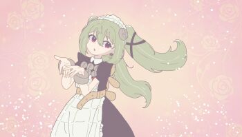 1girl apron belt black_dress corin_wickes dress floral_print green_hair hair_between_eyes hands_up highres kurone_sc long_hair looking_down maid maid_apron maid_headdress open_mouth pink_background purple_eyes screw_hair_ornament solo thick_eyebrows twintails upper_body white_apron zenless_zone_zero