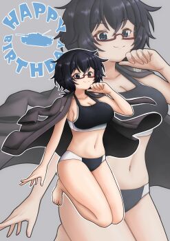 1girl absurdres amanone_yun black_hair black_sports_bra black_sports_panties blue_eyes breasts cleavage girls_und_panzer glasses grey_jacket happy_birthday highres jacket jacket_on_shoulders oryou_(girls_und_panzer) rectangular_eyewear red-framed_eyewear short_hair smile sports_bra thighs zoom_layer