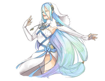 1girl armpits azura_(fire_emblem) blue_hair breasts dress elbow_gloves fingerless_gloves fire_emblem fire_emblem_fates gloves hair_between_eyes hands_up jewelry lithety long_hair music nintendo open_mouth panties pendant singing small_breasts solo thighs underwear veil very_long_hair white_panties