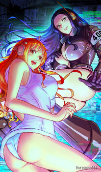 Rule 34 | 2girls, ass, black hair, black panties, blue eyes, breasts, brown eyes, cropped jacket, gloves, headphones, highres, huge ass, huge breasts, jacket, large breasts, leather, leather jacket, light smile, long hair, looking back, multiple girls, nami (one piece), nami (one piece) (egghead), nico robin, nico robin (egghead), one piece, open mouth, orange hair, oregano551, panties, underwear, wavy hair, white panties