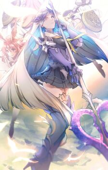 4girls armor black_hair black_shirt black_skirt blonde_hair blue_hair boots breasts brynhild_(fate) capelet colored_inner_hair energy_spear energy_wings fate/grand_order fate/prototype fate/prototype:_fragments_of_blue_and_silver fate_(series) floating foot_out_of_frame gauntlets grey_hair hair_between_eyes head_wings high_heel_boots high_heels highres hildr_(fate) holding holding_polearm holding_weapon hood hood_down hood_up hooded_capelet long_hair looking_at_viewer multicolored_hair multiple_girls no-kan ortlinde_(fate) pink_hair pleated_skirt polearm purple_eyes purple_footwear purple_wings red_eyes sailor_collar shield shirt skirt sleeveless sleeveless_shirt smile solo_focus spear thrud_(fate) valkyrie_(fate) very_long_hair weapon white_capelet white_sailor_collar wings